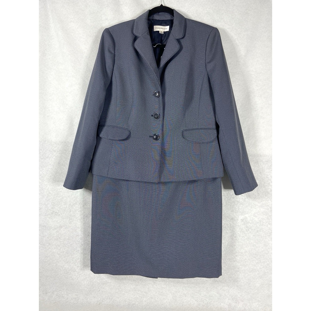 Evan Picone 2PC Skirt Suit Women's 12 Gray Blazer Buttons Spotted Church Career